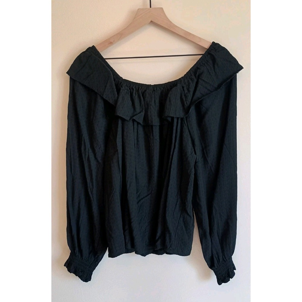 Knox Rose Black Swiss Dot Ruffle Neck Blouse Balloon Sleeve Top M‎ Flowy - Picture 3 of 10
